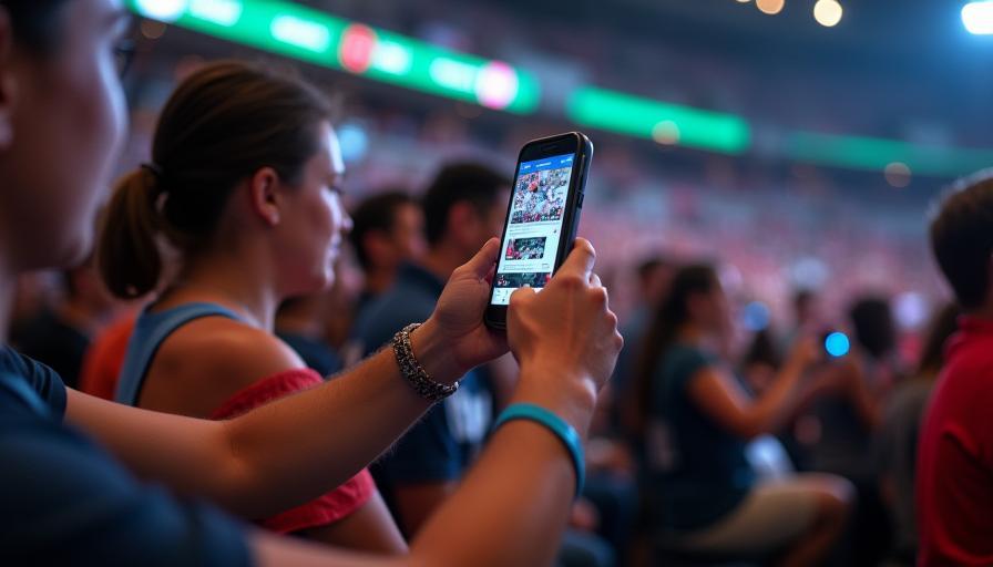 Crowd at Pacific Games checking scores on mobile app