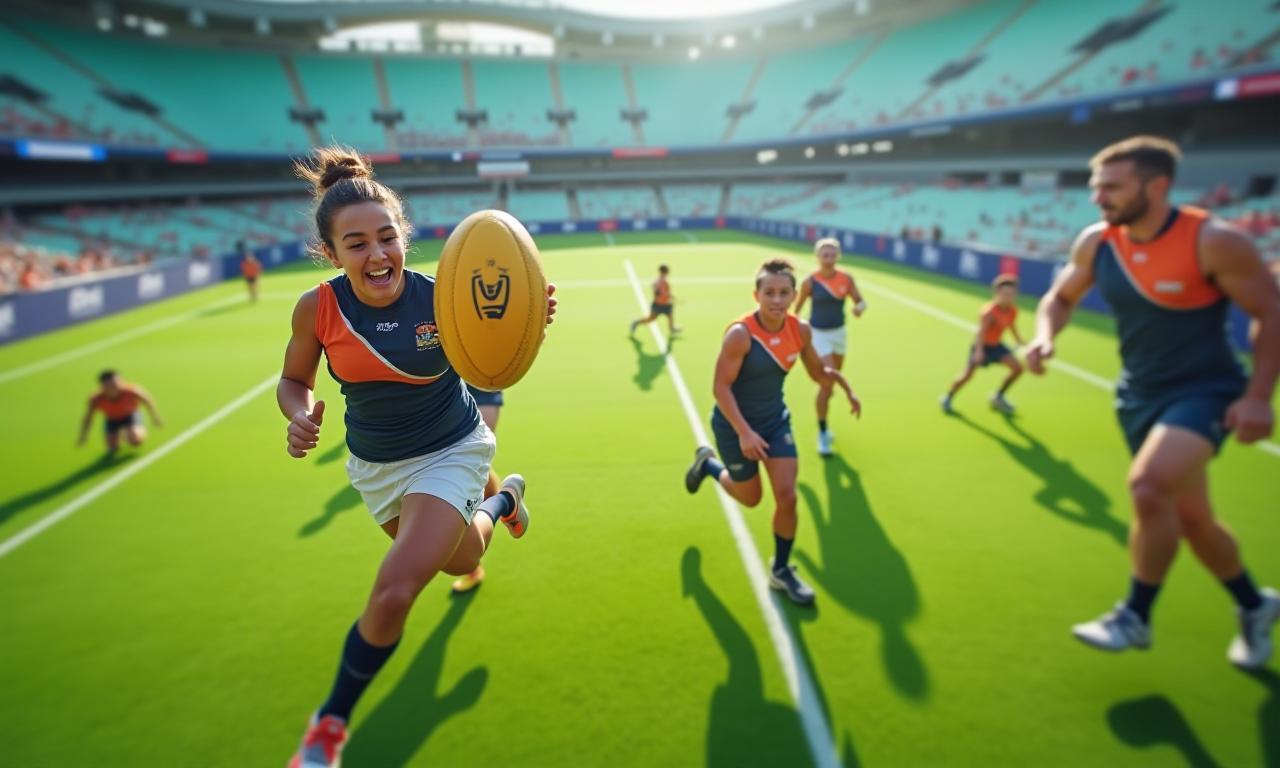 Mid-game aerial view of Australian footballers wearing ActiveEdge trackers