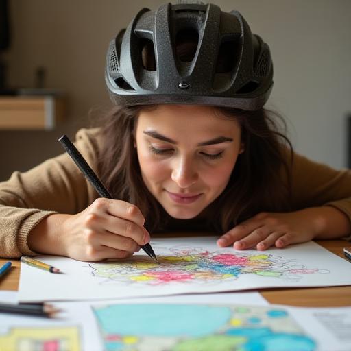 Sofia Martinez sketching eco-friendly helmet design